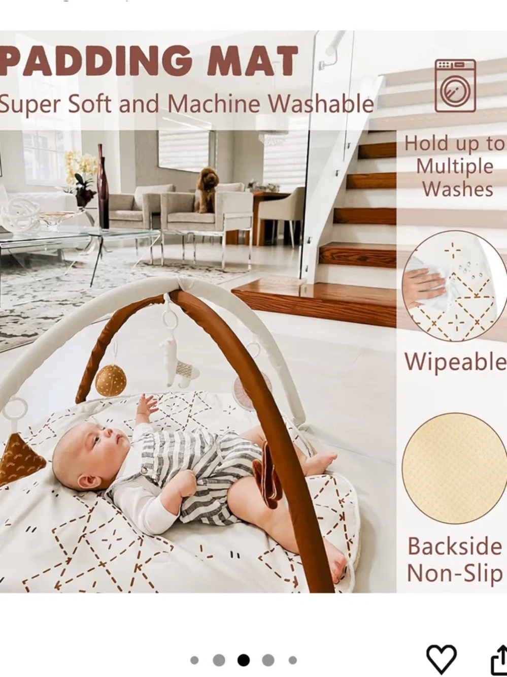 Neutral White & Brown Baby Play Gym - Soft Activity Mat with Hanging Toys